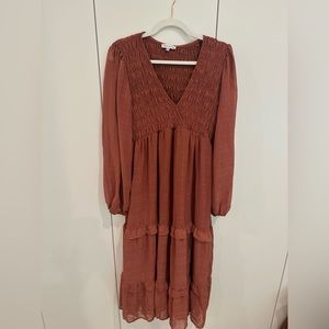 Moon River Smocked VNeck Midi Dress